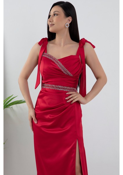 Önü ve Beli Taşlı Saten Abiye Elbise DMN4641