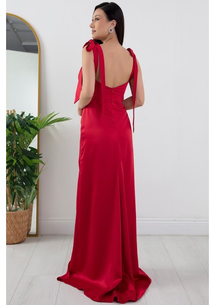 Önü ve Beli Taşlı Saten Abiye Elbise DMN4641