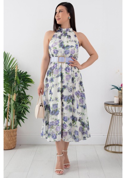 Halter Yaka Midi Çiçekli Elbise GRS3432