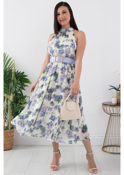 Halter Yaka Midi Çiçekli Elbise GRS3432