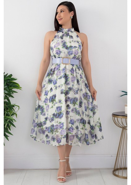 Halter Yaka Midi Çiçekli Elbise GRS3432