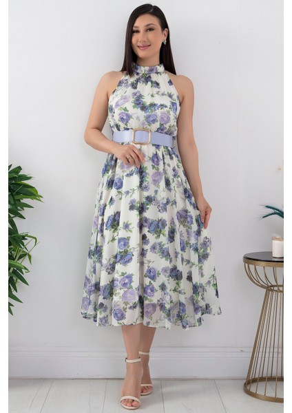 Halter Yaka Midi Çiçekli Elbise GRS3432