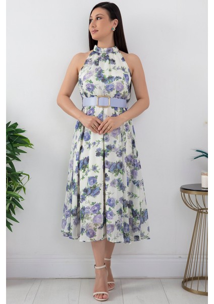 Halter Yaka Midi Çiçekli Elbise GRS3432