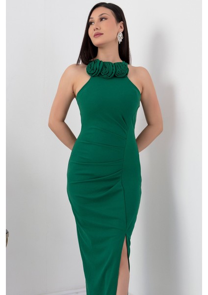 Gül Detay Yırtmaçlı Krep Elbise NY4264