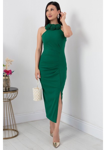 Gül Detay Yırtmaçlı Krep Elbise NY4264