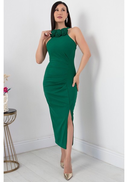 Gül Detay Yırtmaçlı Krep Elbise NY4264