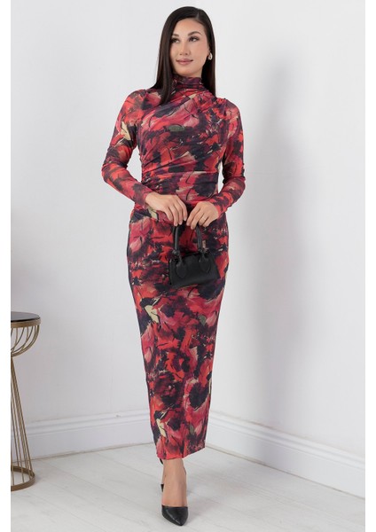 Beli Büzgülü Uzun Kol Tül Elbise GRS3328