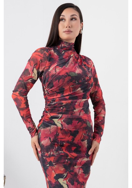 Beli Büzgülü Uzun Kol Tül Elbise GRS3328 fiyatları