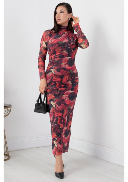 Beli Büzgülü Uzun Kol Tül Elbise GRS3328 modelleri