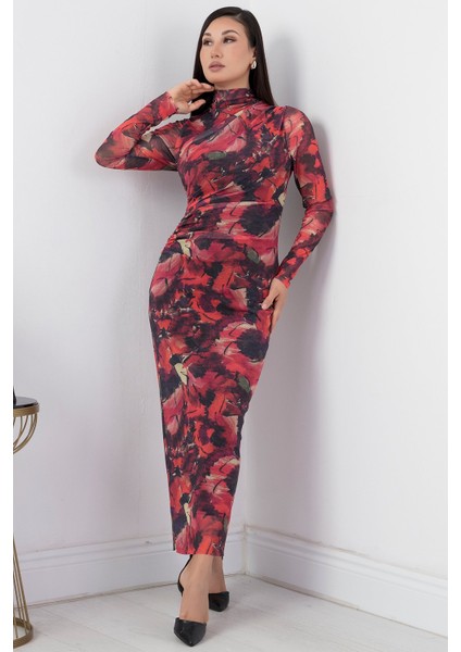 Beli Büzgülü Uzun Kol Tül Elbise GRS3328 fırsatları