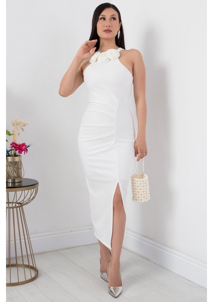 Gül Detay Yırtmaçlı Krep Elbise NY4264