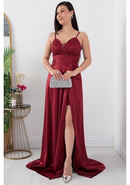 Göğüs Pullu Askılı Saten Elbise 39885