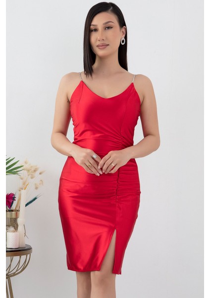 V Yaka Taş Askılı Önü Büzgülü Kısa Abiye Elbise 13451 fiyatları