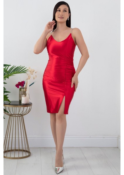 V Yaka Taş Askılı Önü Büzgülü Kısa Abiye Elbise 13451 modelleri