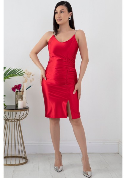 V Yaka Taş Askılı Önü Büzgülü Kısa Abiye Elbise 13451 fırsatları
