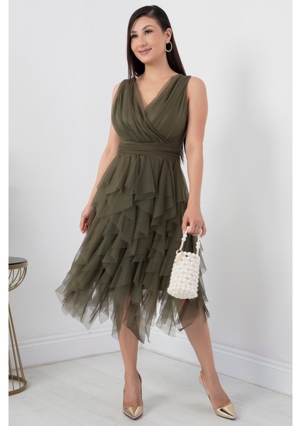 Kruvaze Yaka Fırfırlı Kısa Elbise 13399 modelleri