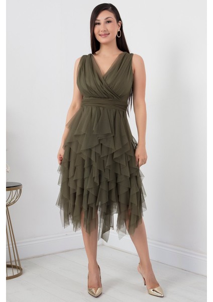 Kruvaze Yaka Fırfırlı Kısa Elbise 13399 fırsatları