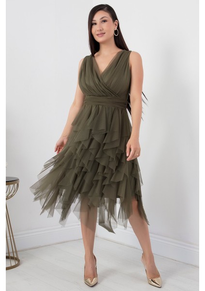 Kruvaze Yaka Fırfırlı Kısa Elbise 13399 indirimleri