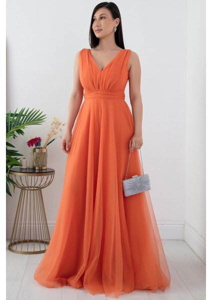 V Yaka Sıfır Kol Işıltılı Tül Elbise 13412