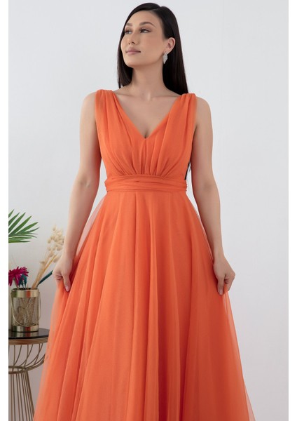 V Yaka Sıfır Kol Işıltılı Tül Elbise 13412 fiyatları