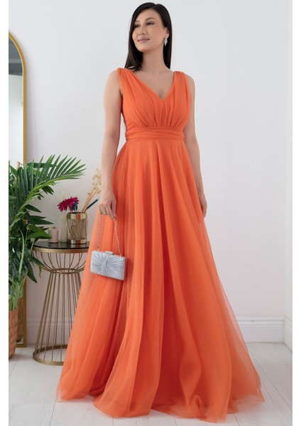 V Yaka Sıfır Kol Işıltılı Tül Elbise 13412 modelleri