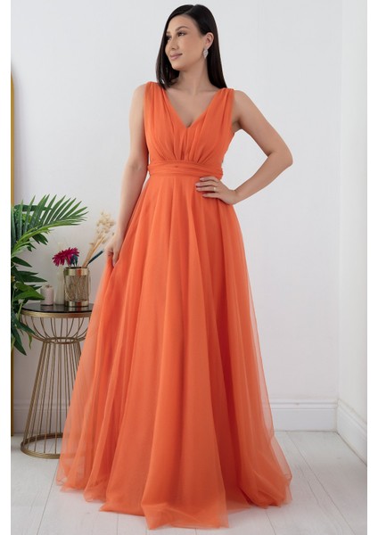 V Yaka Sıfır Kol Işıltılı Tül Elbise 13412 fırsatları