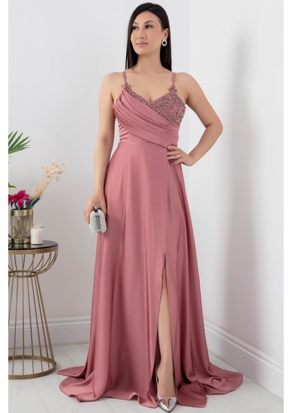 Saten Krep Askılı Elbise 13415