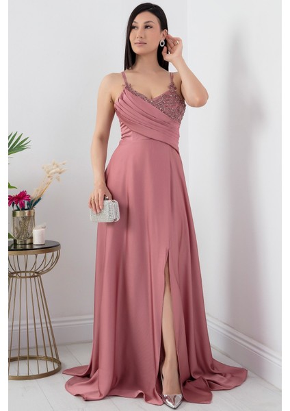 Saten Krep Askılı Elbise 13415