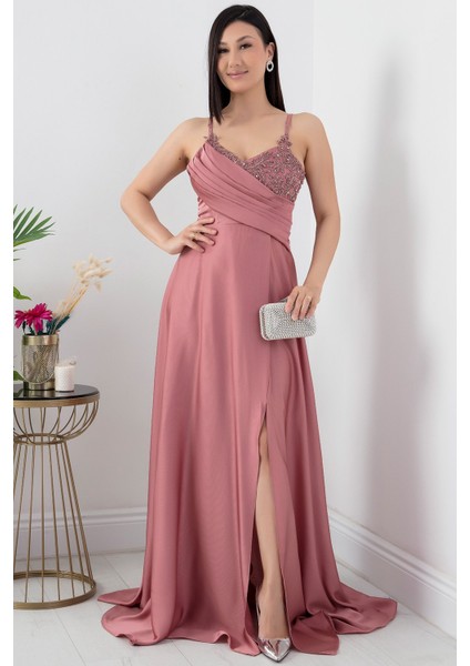 Saten Krep Askılı Elbise 13415