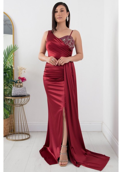 Tek Omuz Göğüs Taşlı Elbise 39871