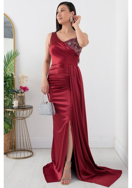 Tek Omuz Göğüs Taşlı Elbise 39871