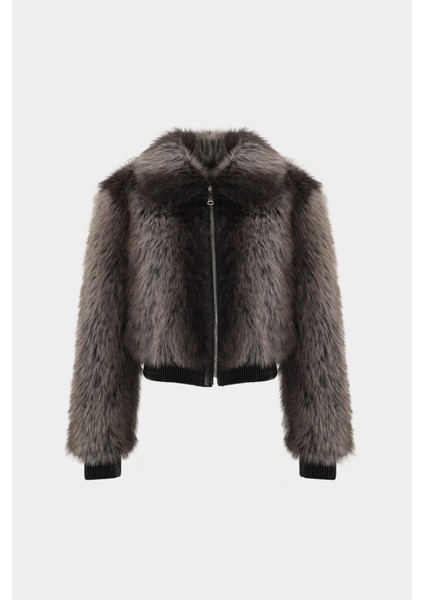 Premium Bebe Yaka Fermuarlı Suni Kürk Kadın Bomber Mont
