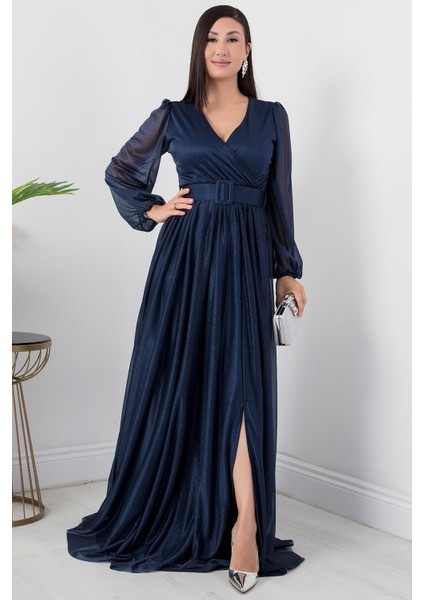 Kruvaze Yaka Uzun Kol Kemerli Simli Elbise 13369