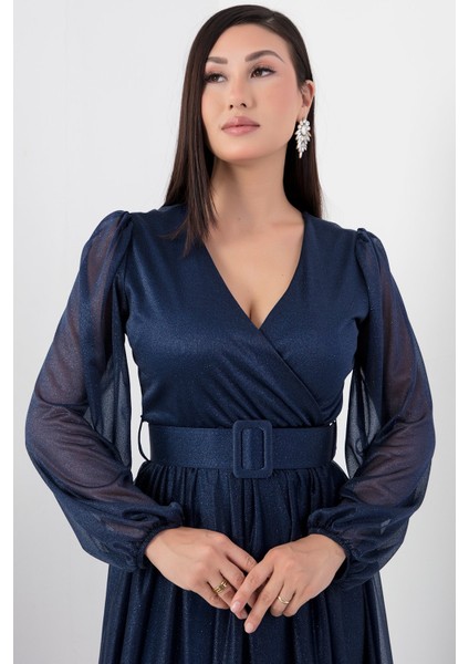 Kruvaze Yaka Uzun Kol Kemerli Simli Elbise 13369 fiyatları