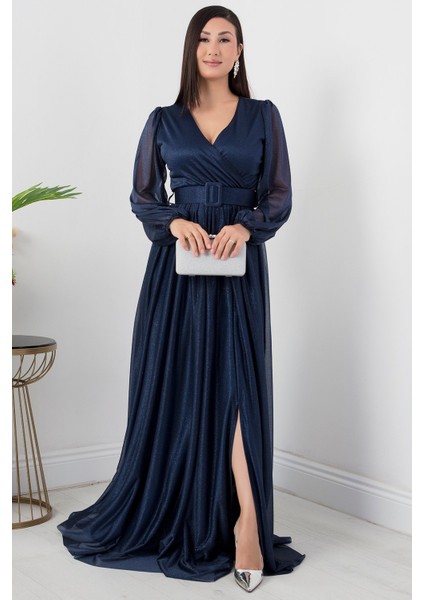Kruvaze Yaka Uzun Kol Kemerli Simli Elbise 13369 modelleri
