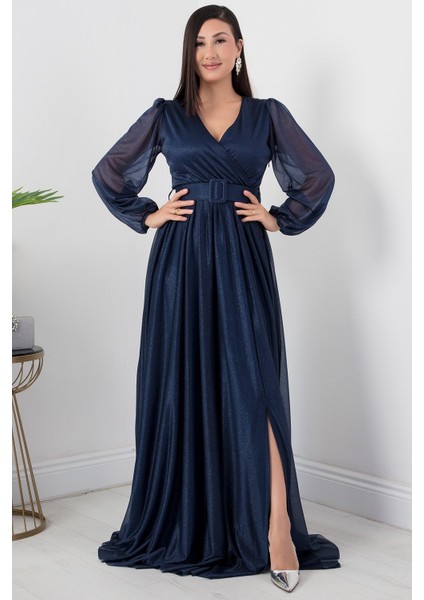 Kruvaze Yaka Uzun Kol Kemerli Simli Elbise 13369 fırsatları