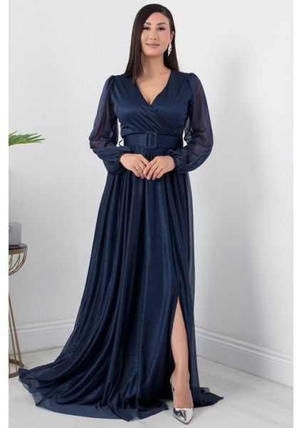 Kruvaze Yaka Uzun Kol Kemerli Simli Elbise 13369 indirimleri