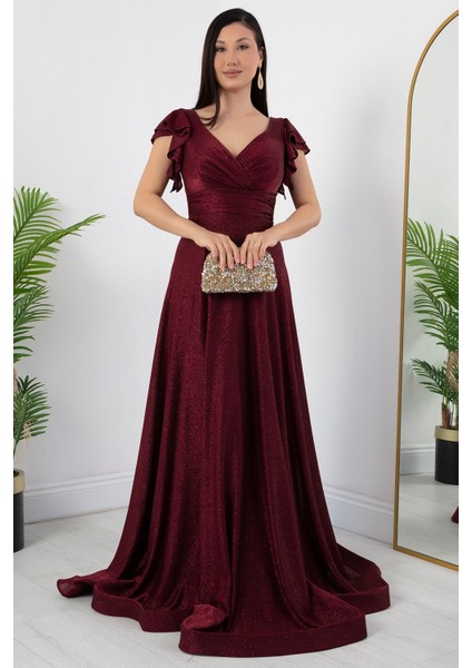 Kol Volanlı Simli Abiye Elbise 39925