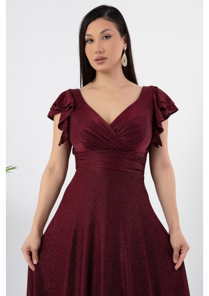 Kol Volanlı Simli Abiye Elbise 39925 fiyatları