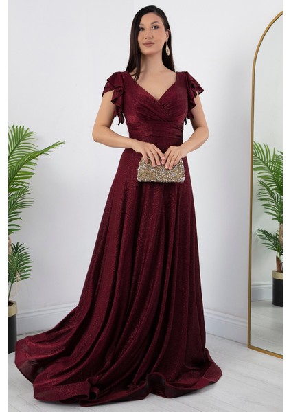 Kol Volanlı Simli Abiye Elbise 39925 fırsatları