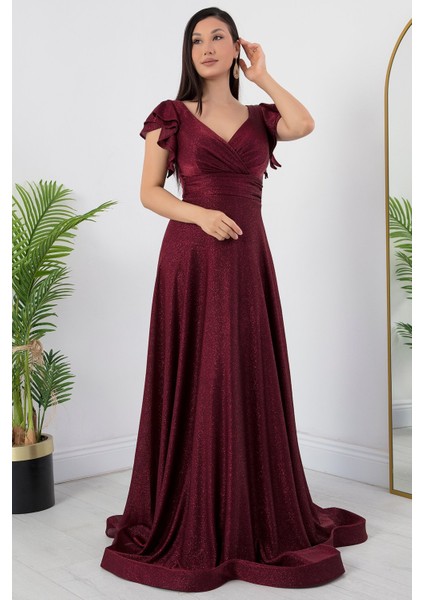 Kol Volanlı Simli Abiye Elbise 39925 indirimleri