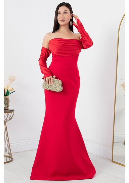 Straplez Uzun Kol Saten Elbise ECR5361