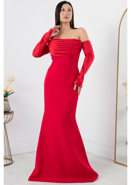 Straplez Uzun Kol Saten Elbise ECR5361
