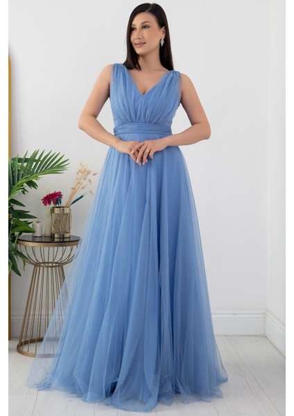 V Yaka Sıfır Kol Işıltılı Tül Elbise 13412 fiyatları