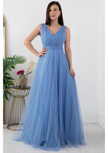 V Yaka Sıfır Kol Işıltılı Tül Elbise 13412 modelleri