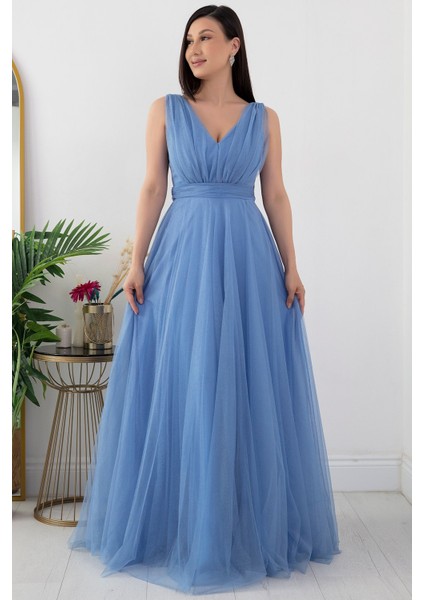 V Yaka Sıfır Kol Işıltılı Tül Elbise 13412 fırsatları