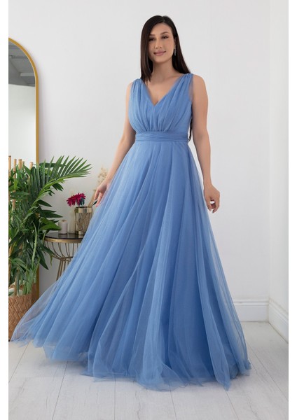 V Yaka Sıfır Kol Işıltılı Tül Elbise 13412 indirimleri