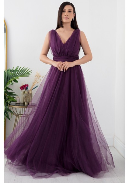 V Yaka Sıfır Kol Işıltılı Tül Elbise 13412