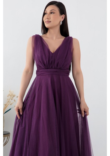 V Yaka Sıfır Kol Işıltılı Tül Elbise 13412 fiyatları