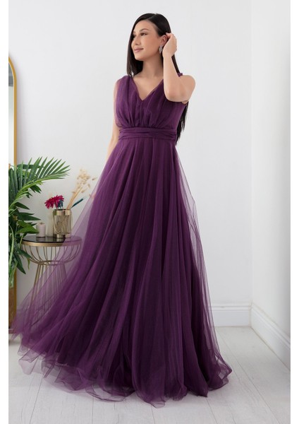 V Yaka Sıfır Kol Işıltılı Tül Elbise 13412 modelleri